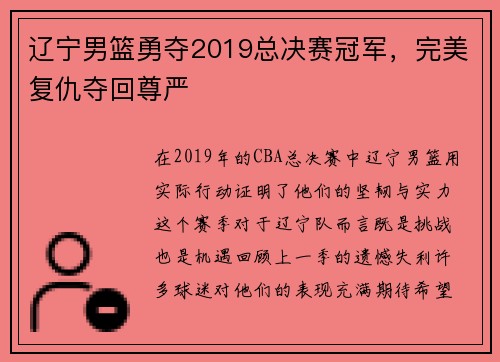 辽宁男篮勇夺2019总决赛冠军，完美复仇夺回尊严