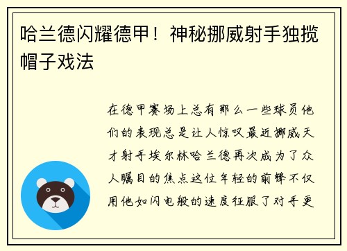 哈兰德闪耀德甲！神秘挪威射手独揽帽子戏法